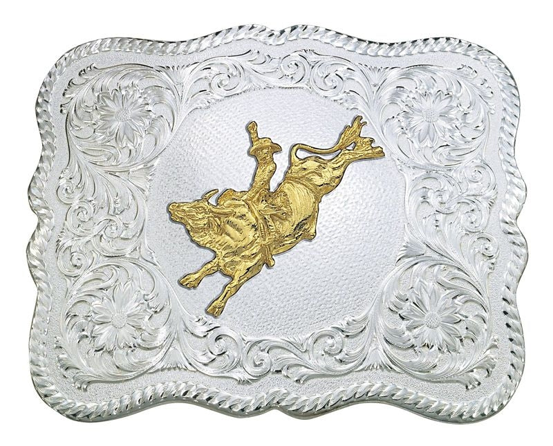 Scalloped Silver Western Belt Buckle/Bull Rider Br