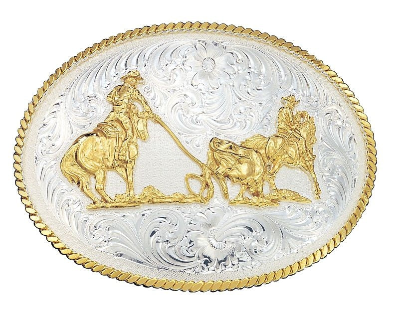 Montana Lg Engraved Belt Buckle with Team Ropers