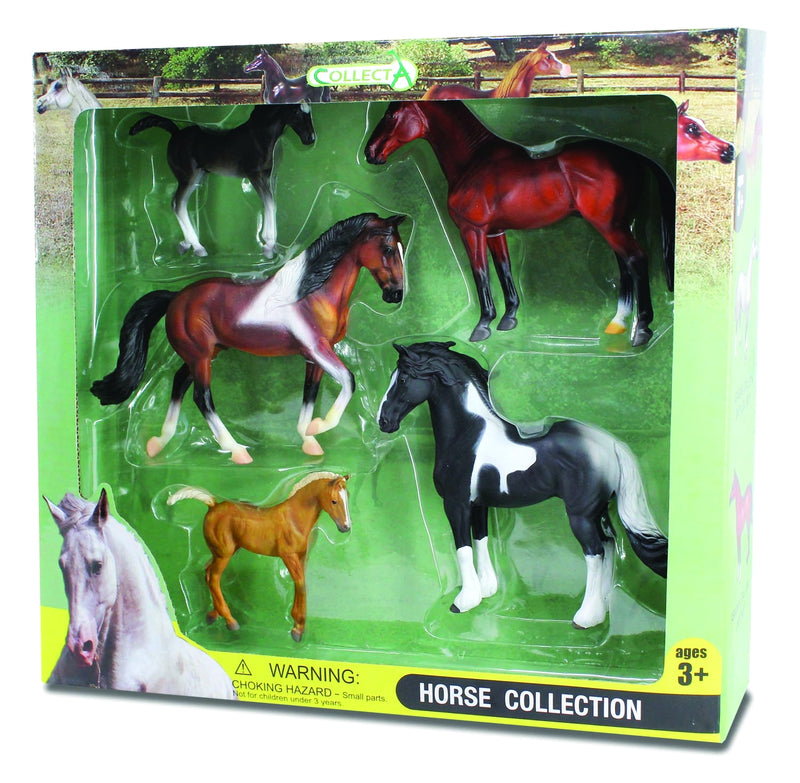CollectA 5pc Box Set - 2 Pinto Horses, Bay Horse, Black Foal & Chestnut Foal